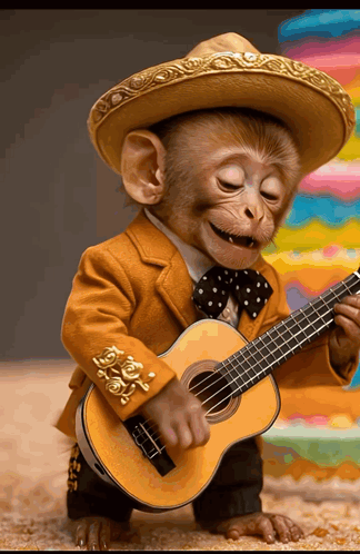 A monkey in a cowboy outfit plays a guitar.