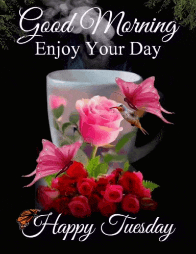Pink roses and a drink are framed by the message “Good Morning Enjoy Your Day.”