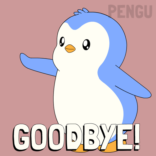 A blue penguin waves under large “GOODBYE!” lettering.