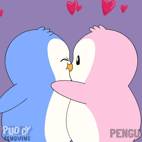 Two pastel cartoon penguins kiss beneath floating pink hearts.
