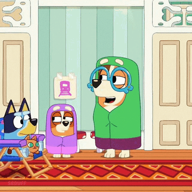 a group of cartoon dogs standing next to each other on a porch .