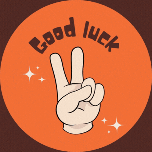 A hand makes a peace sign inside an orange circle labeled “Good luck.”