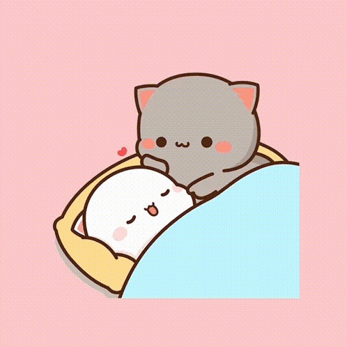 Two cute cartoon cats cuddle together under a blue blanket.