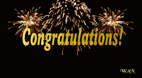 Gold fireworks frame bold yellow “Congratulations!” lettering on black.