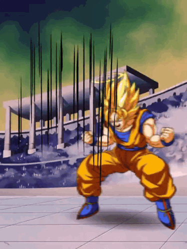 a cartoon character named goku is standing in front of a large building