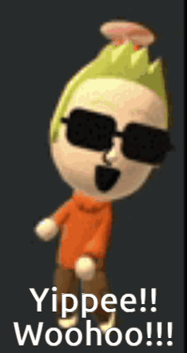 a cartoon character wearing sunglasses and an orange shirt says yippee ! woohoo !