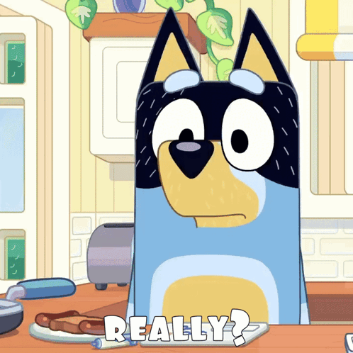 a cartoon dog is sitting at a table with a plate of hot dogs and the words really written on it