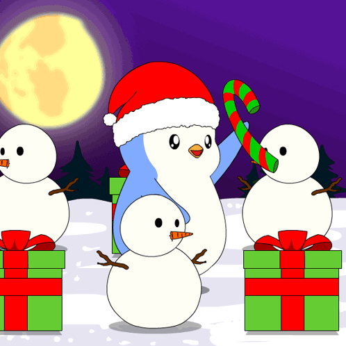 a penguin wearing a santa hat holds a candy cane in front of three snowmen