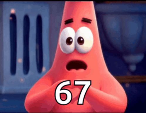a cartoon character with the number 67 written on it
