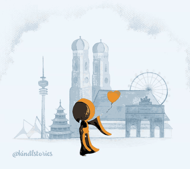 a drawing of a woman holding a red heart shaped balloon in front of a city skyline