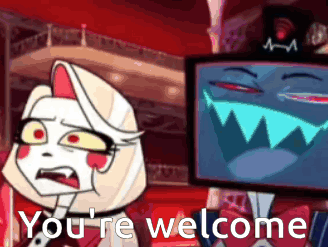a cartoon character says you 're welcome next to a computer monitor with a face on it .