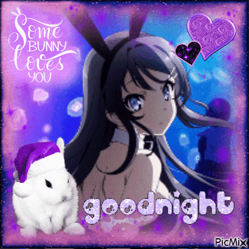 a picture of a girl with bunny ears and a rabbit that says goodnight