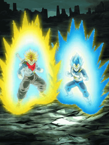 a cartoon of trunks and vegeta in a battle
