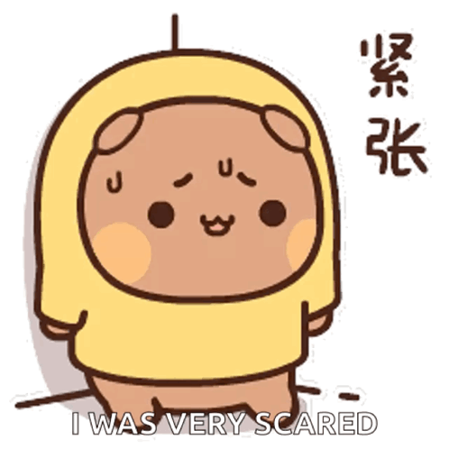A round cartoon character in a yellow hood looks worried, captioned “I was very scared.”