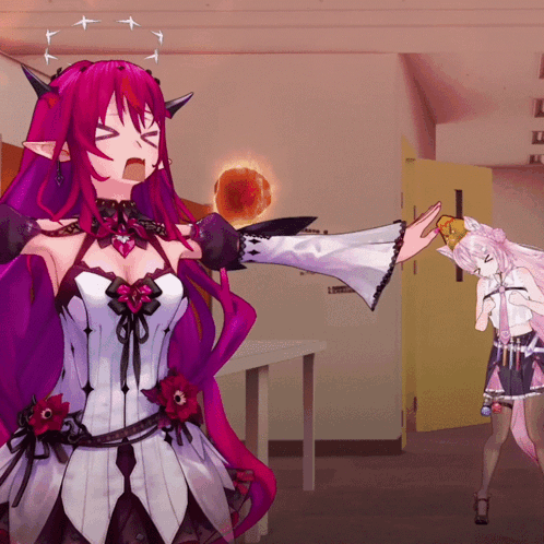 a girl with purple hair and horns is holding a red object