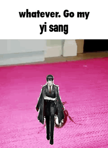 Yi Sang character stands on pink carpet under “whatever. Go my yi sang.”