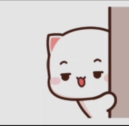 A white cartoon cat peeks around a corner and winks.