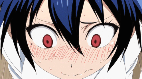 A dark-haired anime girl blushes intensely with wide red eyes.