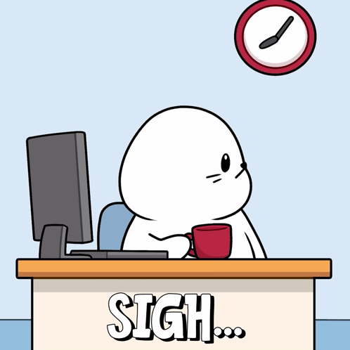 A cartoon office worker at a desk sighs beneath a clock.
