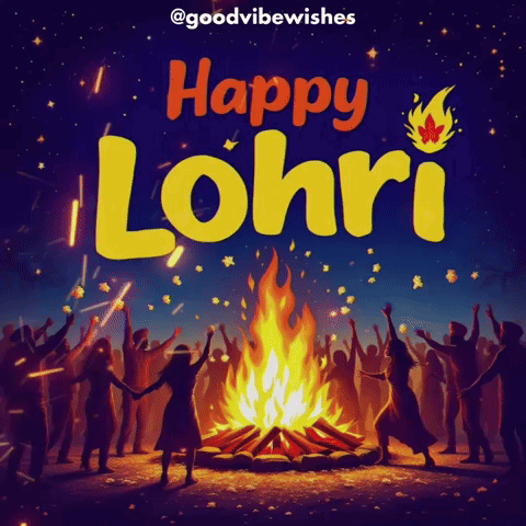 a poster that says happy lohri with people dancing around a campfire