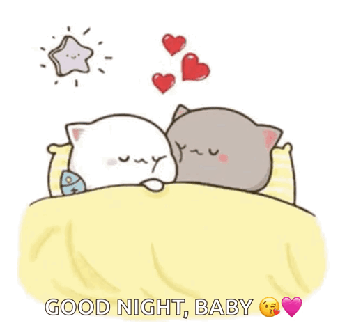 Two cartoon cats cuddle asleep under a yellow blanket with hearts overhead.