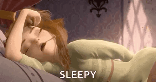 a cartoon of a woman sleeping on a bed with her eyes closed and the word sleepy above her .