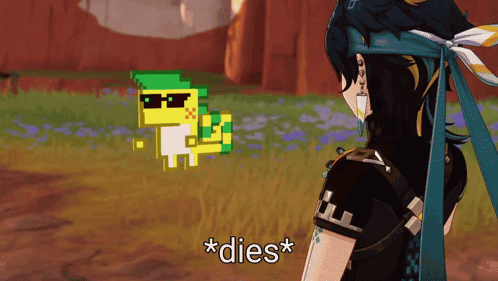 a video game character says * dies * next to a pixelated duck