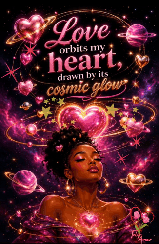 a poster that says love orbits my heart drawn by its cosmic glow on it