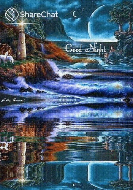 a painting of a lighthouse and a waterfall with the words good night