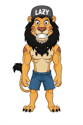 a cartoon lion wearing a lazy hat and shorts