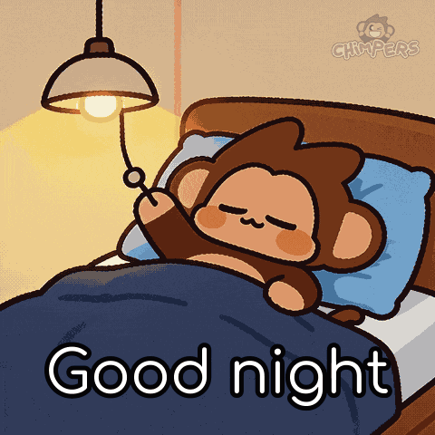A cartoon monkey sleeps in bed beneath a bedside lamp and “Good night.”