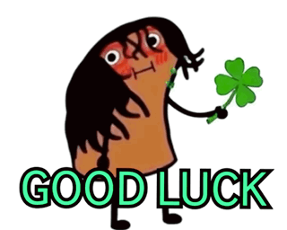 A cartoon character offers a four-leaf clover over bold green “GOOD LUCK” lettering.