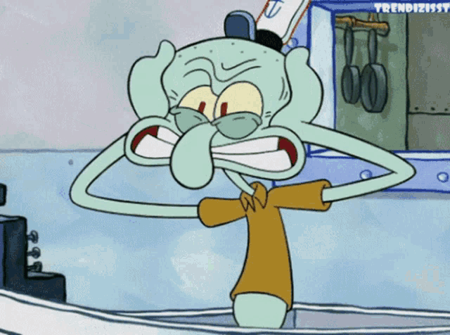 Squidward angrily pulls at his face in a SpongeBob SquarePants scene.