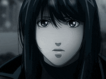 a black and white photo of a anime girl with long black hair