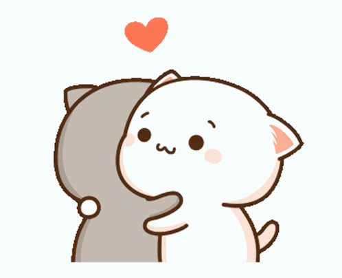 Two round cartoon cats hug beneath a small red heart.