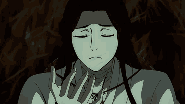 a drawing of a person with their eyes closed and a hand on their face