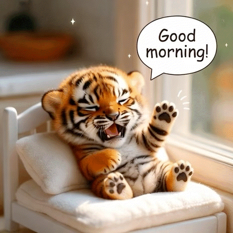 A tiger cub waves from an armchair and says “Good morning!”