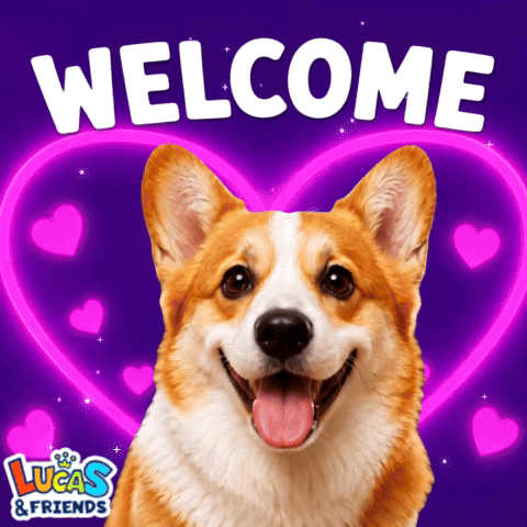a picture of a dog with the words welcome lucas & friends on it