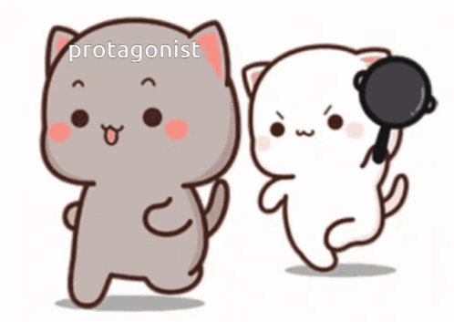 Goma and a white cartoon cat stand together, one holding a dark round object.