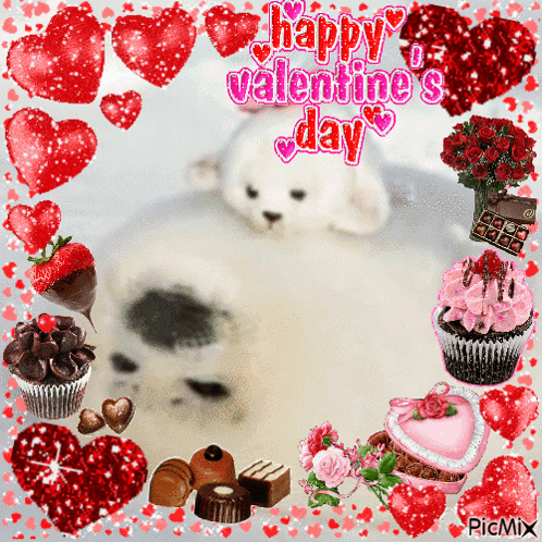 a picture of a seal surrounded by hearts and cupcakes says happy valentines day