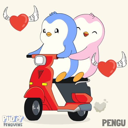Two cartoon penguins ride a red scooter surrounded by hearts.