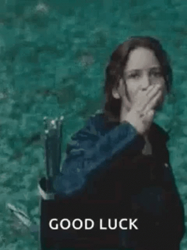 Katniss Everdeen gives the three-finger salute above the caption “GOOD LUCK.”
