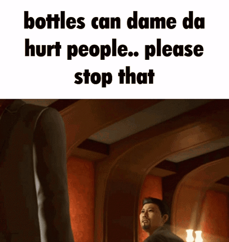 a man in a suit stands in front of a bottle that says bottles can dame da hurt people please stop that