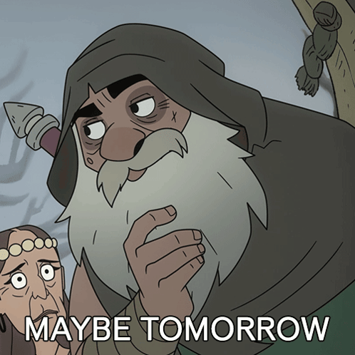 a cartoon of a man with a beard and maybe tomorrow written below him