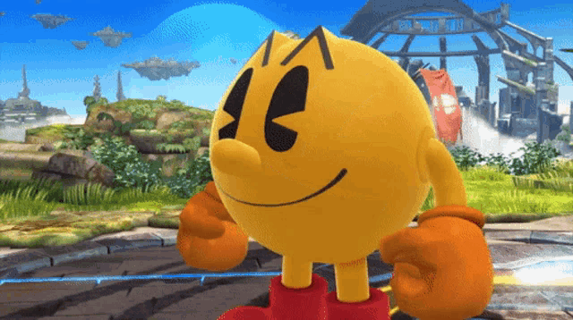 Pac-Man winks and gives a thumbs-up in a colorful game scene.