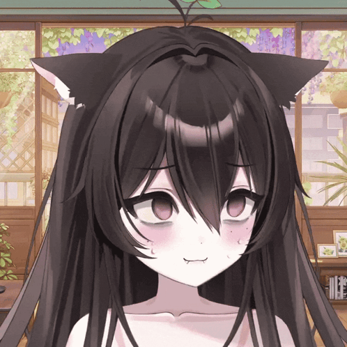 a girl with black hair and cat ears looks tired