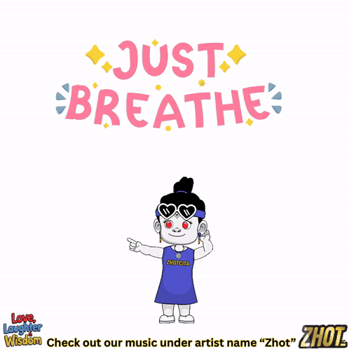 a cartoon girl wearing headphones and a red dress with the words just breathe above her