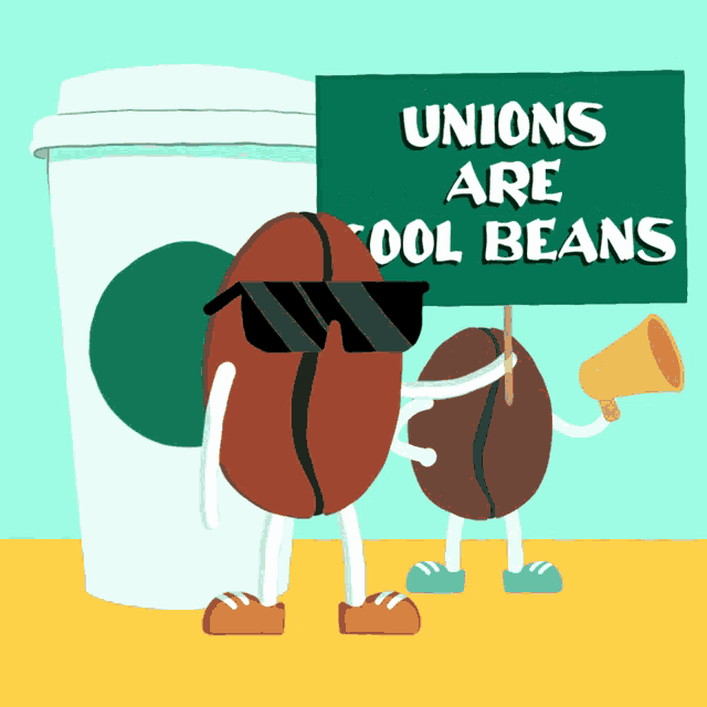 two coffee beans holding a sign that says unions are cool beans