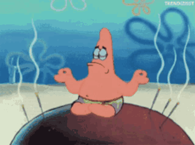 Patrick Star poses with both arms out in a SpongeBob scene.