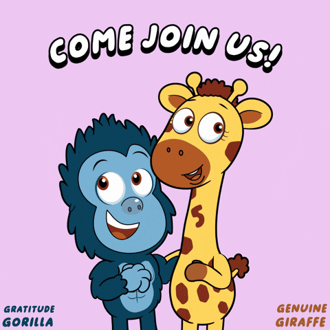 a cartoon of a gorilla and a giraffe with the words come join us on the bottom